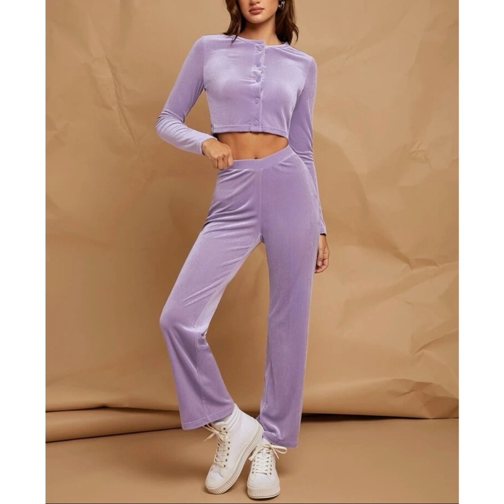 2 pc set - Solid Velvet Crop Top & Pants set